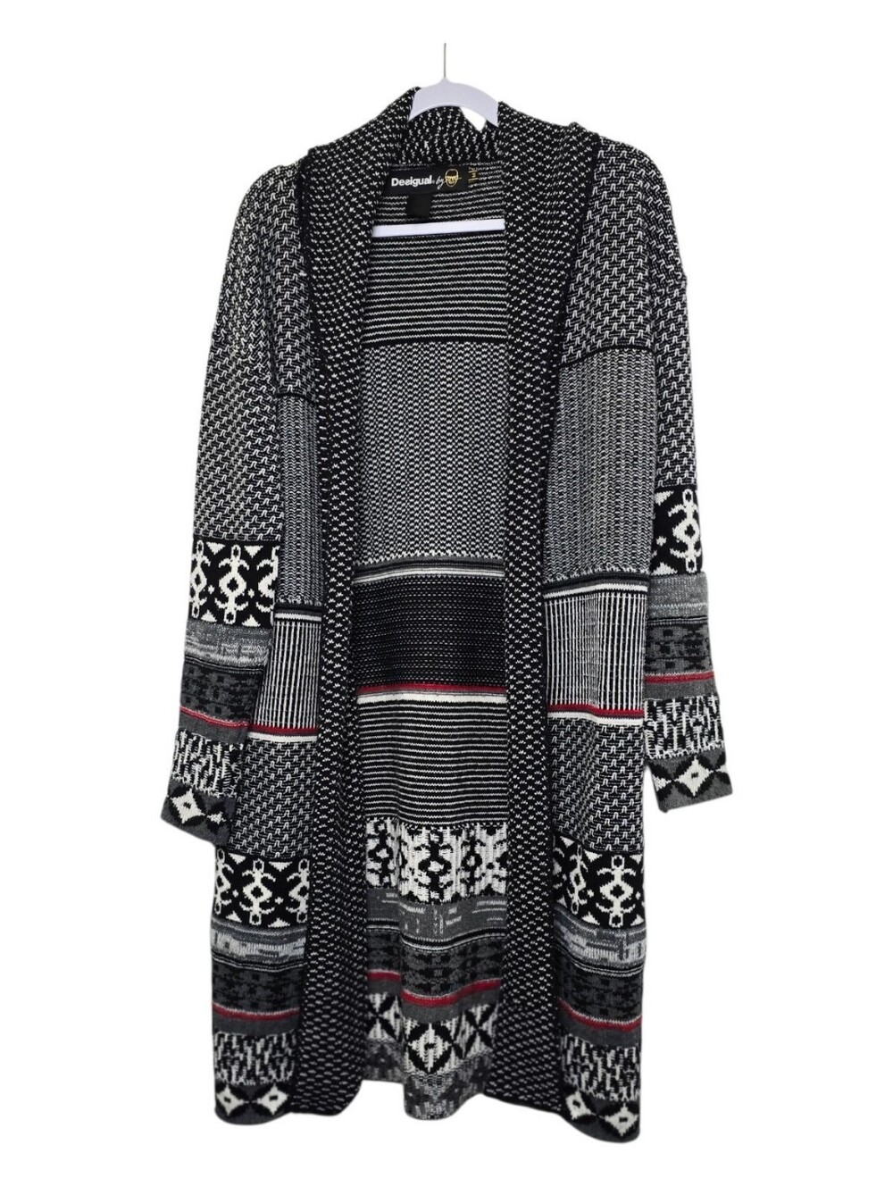 Desigual Women’s Longline Open Knit Cardigan Sz M Tribal Geometric Pattern Boho